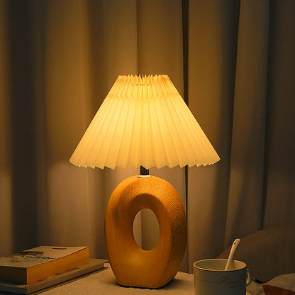 Traditional Japanese Pleated Fabric Shade Wood Grain Ceramic Base USB LED Table Lamp For Bedside