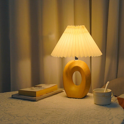 Traditional Japanese Pleated Fabric Shade Wood Grain Ceramic Base USB LED Table Lamp For Bedside