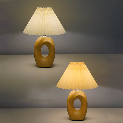 Traditional Japanese Pleated Fabric Shade Wood Grain Ceramic Base USB LED Table Lamp For Bedside