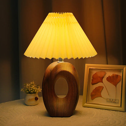 Traditional Japanese Pleated Fabric Shade Wood Grain Ceramic Base USB LED Table Lamp For Bedside