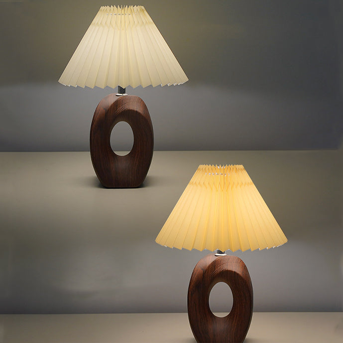 Traditional Japanese Pleated Fabric Shade Wood Grain Ceramic Base USB LED Table Lamp For Bedside