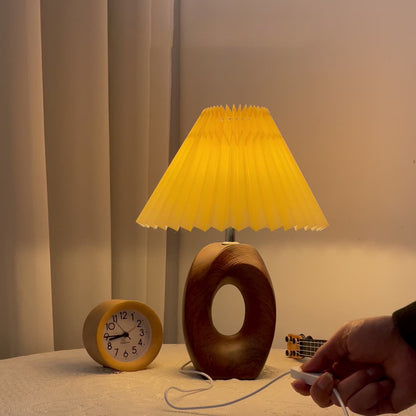 Traditional Japanese Pleated Fabric Shade Wood Grain Ceramic Base USB LED Table Lamp For Bedside