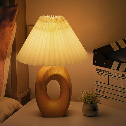 Traditional Japanese Pleated Fabric Shade Wood Grain Ceramic Base USB LED Table Lamp For Bedside