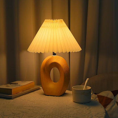 Traditional Japanese Pleated Fabric Shade Wood Grain Ceramic Base USB LED Table Lamp For Bedside