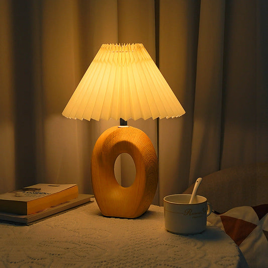 Traditional Japanese Pleated Fabric Shade Wood Grain Ceramic Base USB LED Table Lamp For Bedside
