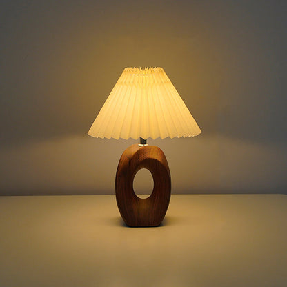 Traditional Japanese Pleated Fabric Shade Wood Grain Ceramic Base USB LED Table Lamp For Bedside
