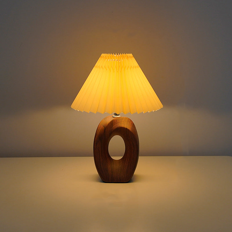 Traditional Japanese Pleated Fabric Shade Wood Grain Ceramic Base USB LED Table Lamp For Bedside