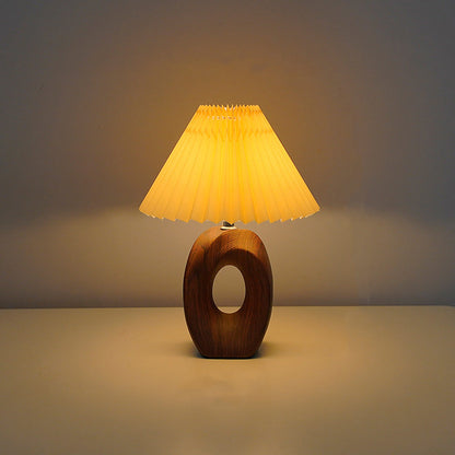 Traditional Japanese Pleated Fabric Shade Wood Grain Ceramic Base USB LED Table Lamp For Bedside