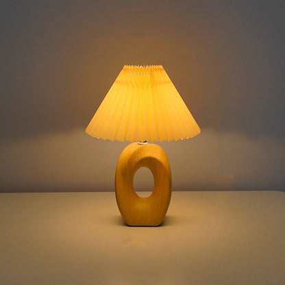 Traditional Japanese Pleated Fabric Shade Wood Grain Ceramic Base USB LED Table Lamp For Bedside