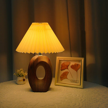 Traditional Japanese Pleated Fabric Shade Wood Grain Ceramic Base USB LED Table Lamp For Bedside