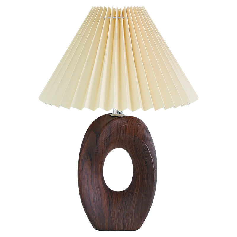 Traditional Japanese Pleated Fabric Shade Wood Grain Ceramic Base USB LED Table Lamp For Bedside