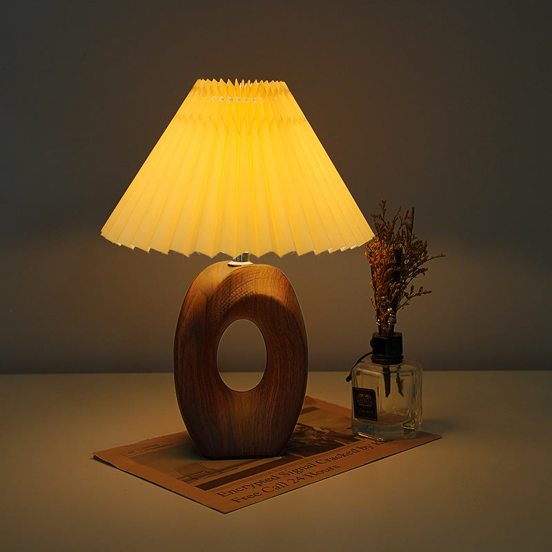 Traditional Japanese Pleated Fabric Shade Wood Grain Ceramic Base USB LED Table Lamp For Bedside