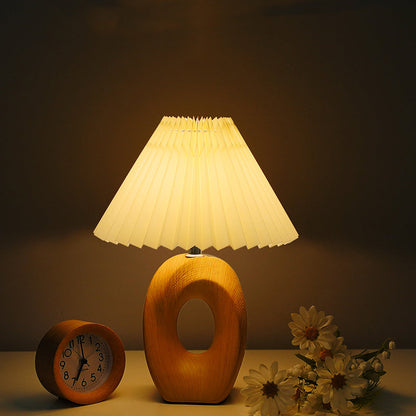Traditional Japanese Pleated Fabric Shade Wood Grain Ceramic Base USB LED Table Lamp For Bedside