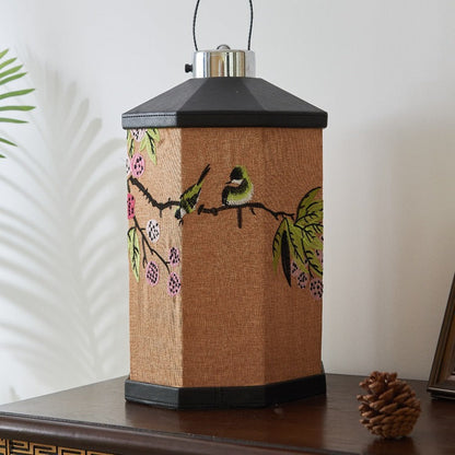 Traditional Chinese Embroidered Fabric Birdcage Shade Hardware USB Rechargeable LED Table Lamp For Living Room
