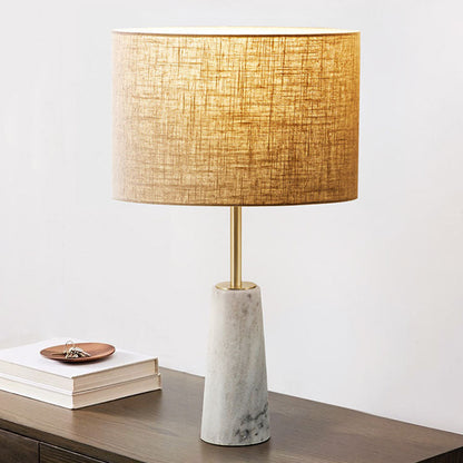 Contemporary Luxury Fabric Cylinder Shade Marble Base 1-Light Table Lamp For Bedroom