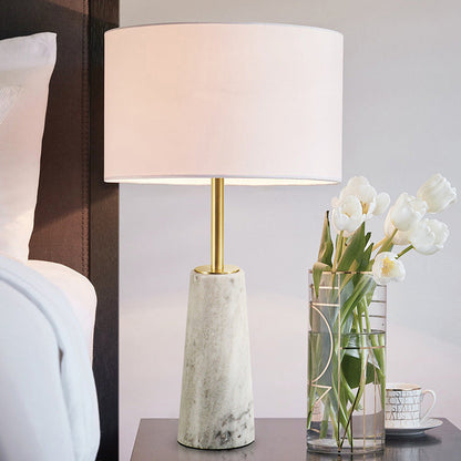 Contemporary Luxury Fabric Cylinder Shade Marble Base 1-Light Table Lamp For Bedroom
