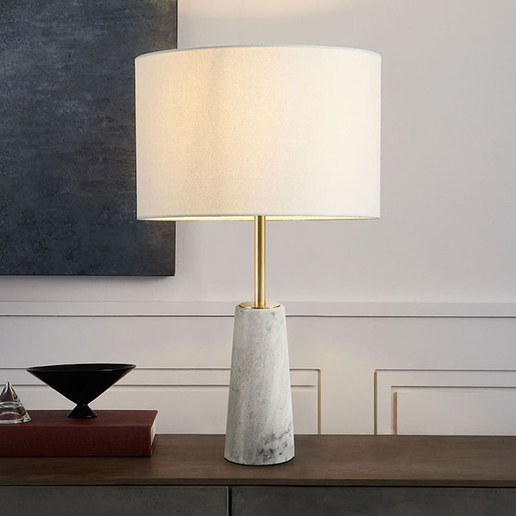 Contemporary Luxury Fabric Cylinder Shade Marble Base 1-Light Table Lamp For Bedroom