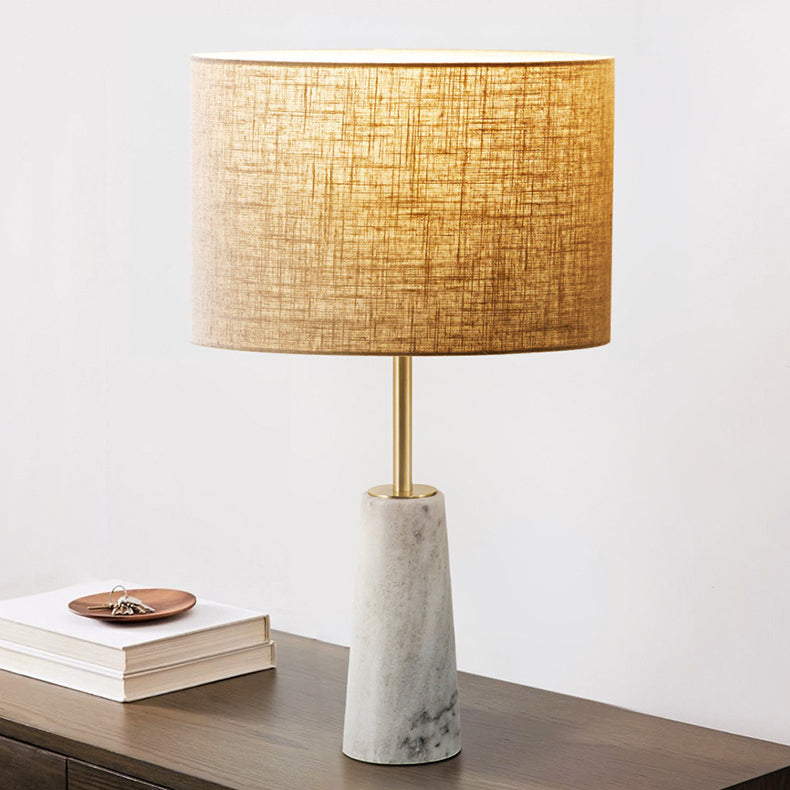 Contemporary Luxury Fabric Cylinder Shade Marble Base 1-Light Table Lamp For Bedroom