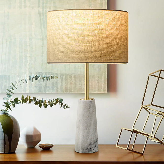 Contemporary Luxury Fabric Cylinder Shade Marble Base 1-Light Table Lamp For Bedroom
