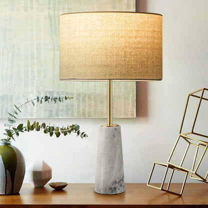 Contemporary Luxury Fabric Cylinder Shade Marble Base 1-Light Table Lamp For Bedroom