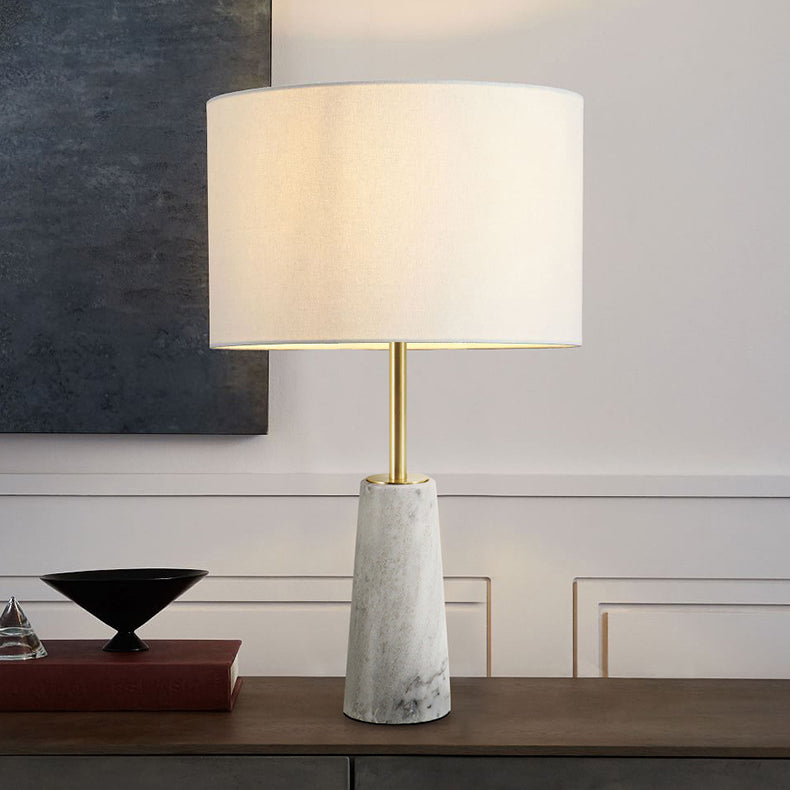 Contemporary Luxury Fabric Cylinder Shade Marble Base 1-Light Table Lamp For Bedroom
