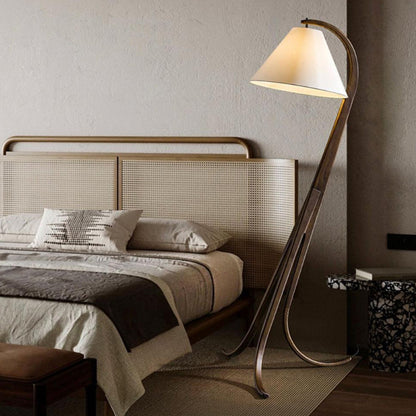 Traditional Japanese Conical Fabric Shade Arc Solid Wood 1-Light Standing Floor Lamp For Living Room