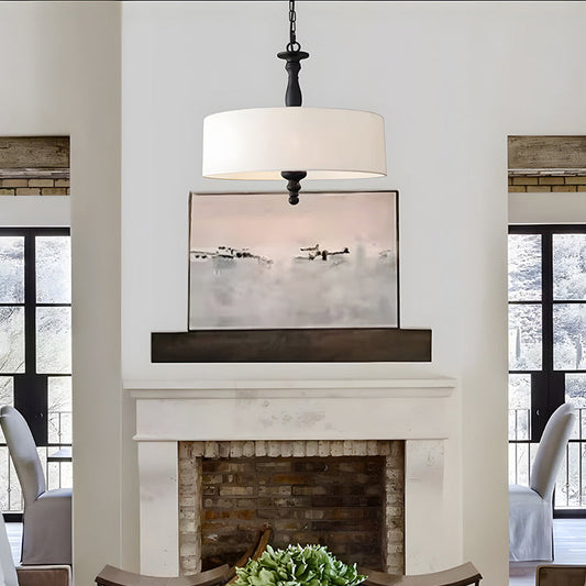 Traditional Japanese Fabric Cylinder Iron 1-Light Pendant Light For Living Room