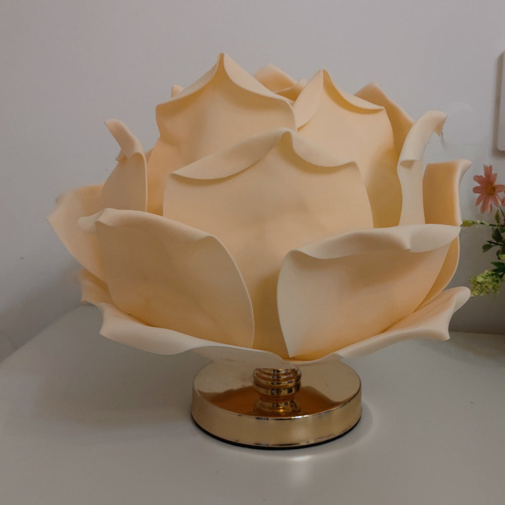 Contemporary Creative Lotus Flower Fabric Hardware 1-Light Table Lamp For Bedroom