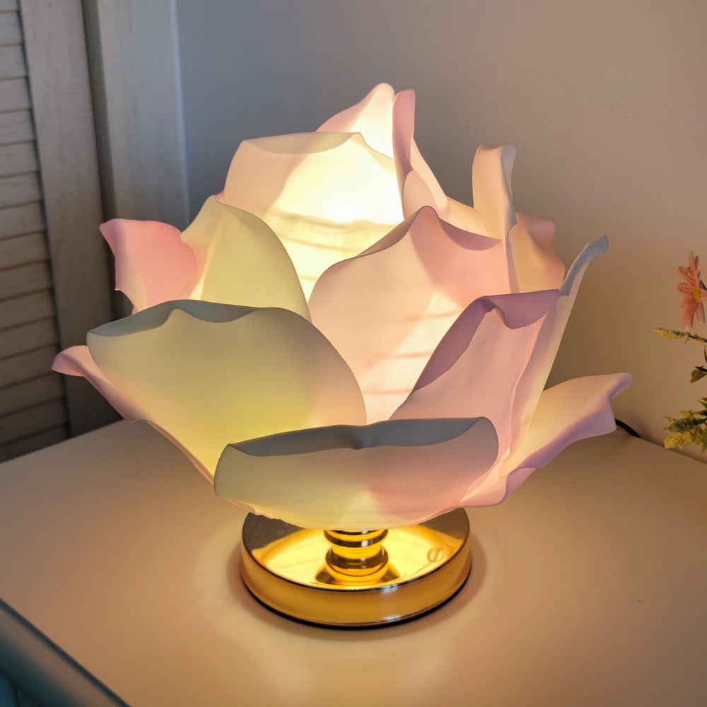 Contemporary Creative Lotus Flower Fabric Hardware 1-Light Table Lamp For Bedroom