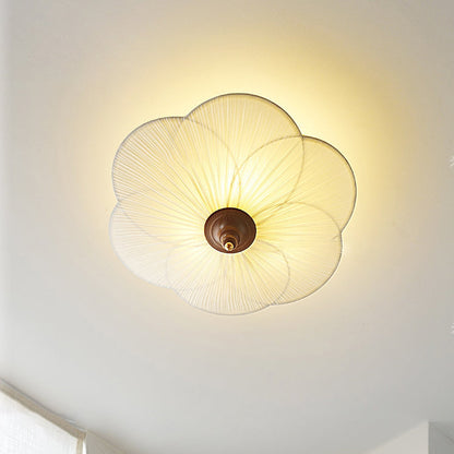 Traditional French Wood Hardware Plum Blossom Fabric Shade 3-Light Semi-Flush Mount Ceiling Light For Living Room