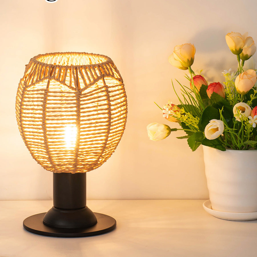 Traditional Vintage Hemp Rope Weaving Cage Hardware 1-Light Table Lamp For Bedroom