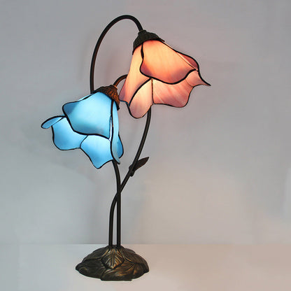 Traditional European Lotus Glass Shade Resin Base 2-Light Table Lamp For Bedroom