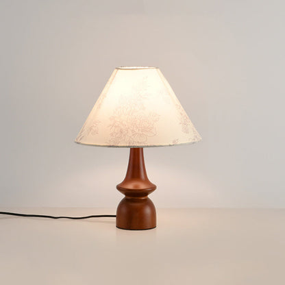 Traditional Japanese Printed Fabric Conical Shade Solid Wood 1-Light Table Lamp For Bedroom