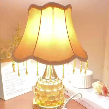 Traditional European Glass Base Fabric Tassel Shade 1-Light Table Lamp For Bedroom