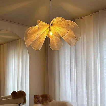 Traditional Japanese Fabric Petal Shade 1-Light Pendant Light For Living Room