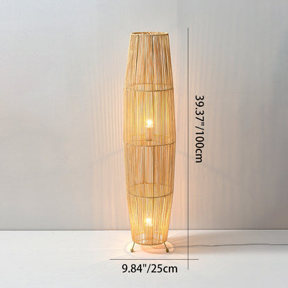 Traditional Japanese Openwork Rattan Weaving Column 2-Light Standing Floor Lamp For Living Room
