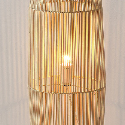 Traditional Japanese Openwork Rattan Weaving Column 2-Light Standing Floor Lamp For Living Room
