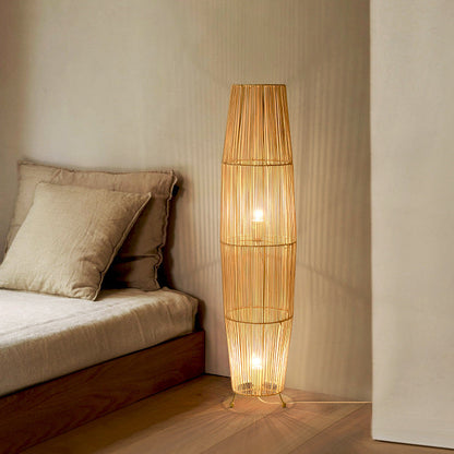 Traditional Japanese Openwork Rattan Weaving Column 2-Light Standing Floor Lamp For Living Room