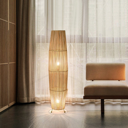 Traditional Japanese Openwork Rattan Weaving Column 2-Light Standing Floor Lamp For Living Room
