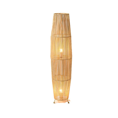Traditional Japanese Openwork Rattan Weaving Column 2-Light Standing Floor Lamp For Living Room