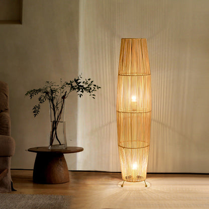 Traditional Japanese Openwork Rattan Weaving Column 2-Light Standing Floor Lamp For Living Room