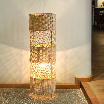 Traditional Japanese Openwork Rattan Weaving Cylinder 1-Light Standing Floor Lamp For Living Room