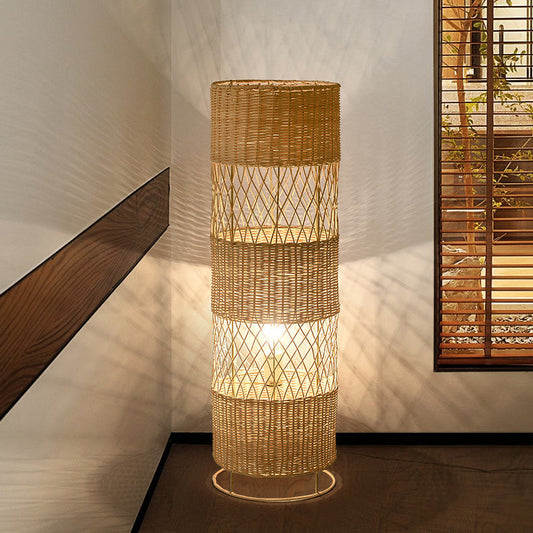Traditional Japanese Openwork Rattan Weaving Cylinder 1-Light Standing Floor Lamp For Living Room