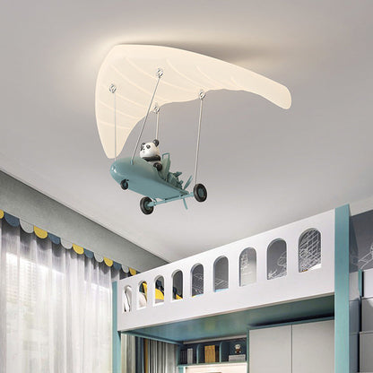 Contemporary Creative Cartoon Panda Parachute PE Iron LED Flush Mount Ceiling Light For Bedroom