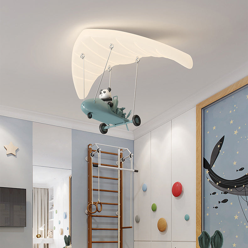 Contemporary Creative Cartoon Panda Parachute PE Iron LED Flush Mount Ceiling Light For Bedroom