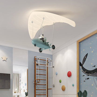 Contemporary Creative Cartoon Panda Parachute PE Iron LED Flush Mount Ceiling Light For Bedroom