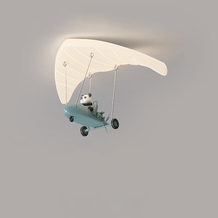 Contemporary Creative Cartoon Panda Parachute PE Iron LED Flush Mount Ceiling Light For Bedroom