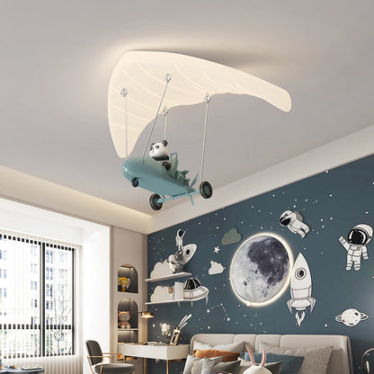 Contemporary Creative Cartoon Panda Parachute PE Iron LED Flush Mount Ceiling Light For Bedroom