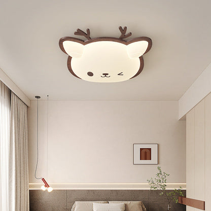 Contemporary Creative Deer Cat Claw Woodgrain LED Flush Mount Ceiling Light For Bedroom
