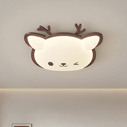Contemporary Creative Deer Cat Claw Woodgrain LED Flush Mount Ceiling Light For Bedroom